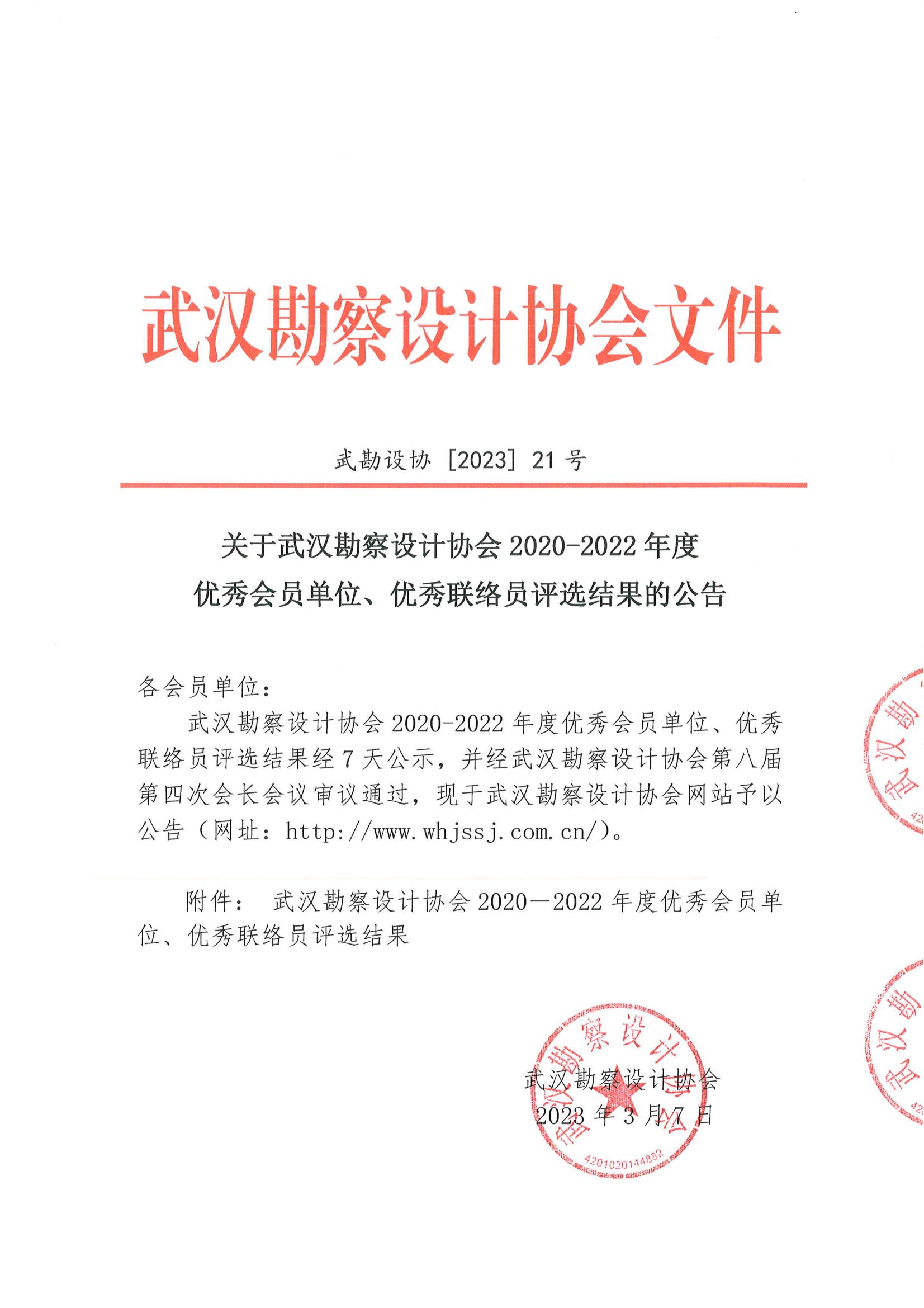 關于武漢勘察設計協會2020-2022年度優秀會員單位、優秀聯絡員評選結果的公告