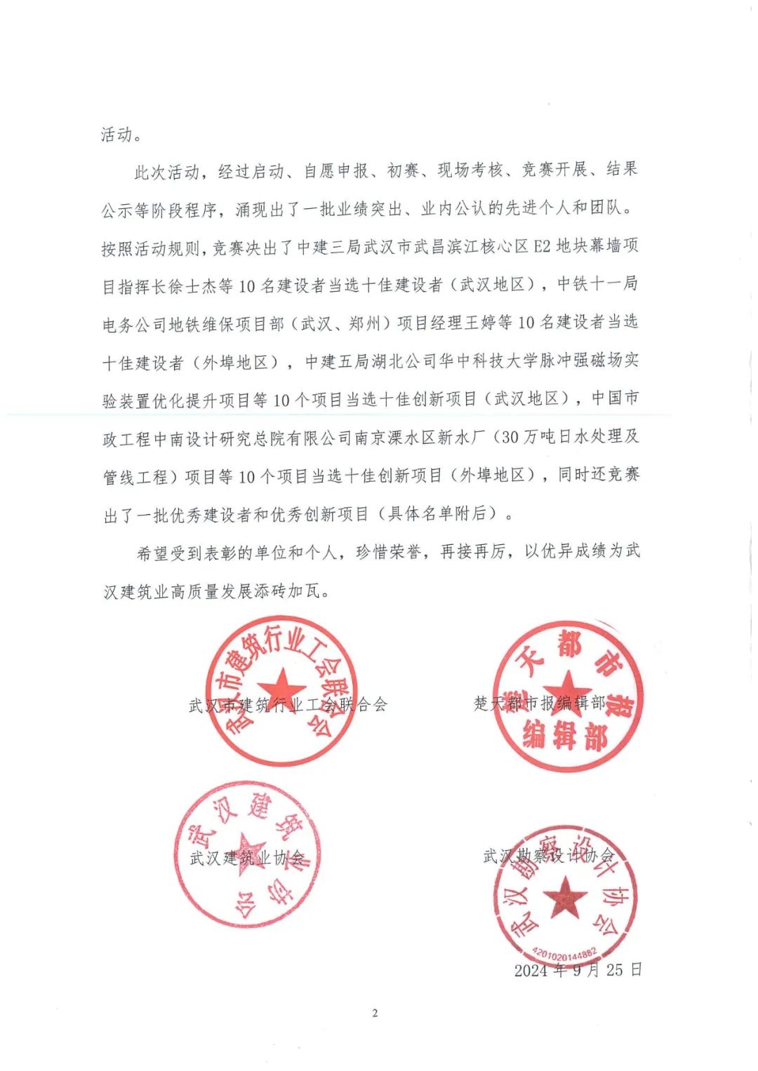 關于2024年武漢建筑及勘察設計行業 勞動和技能競賽“雙十佳”活動結果的通報