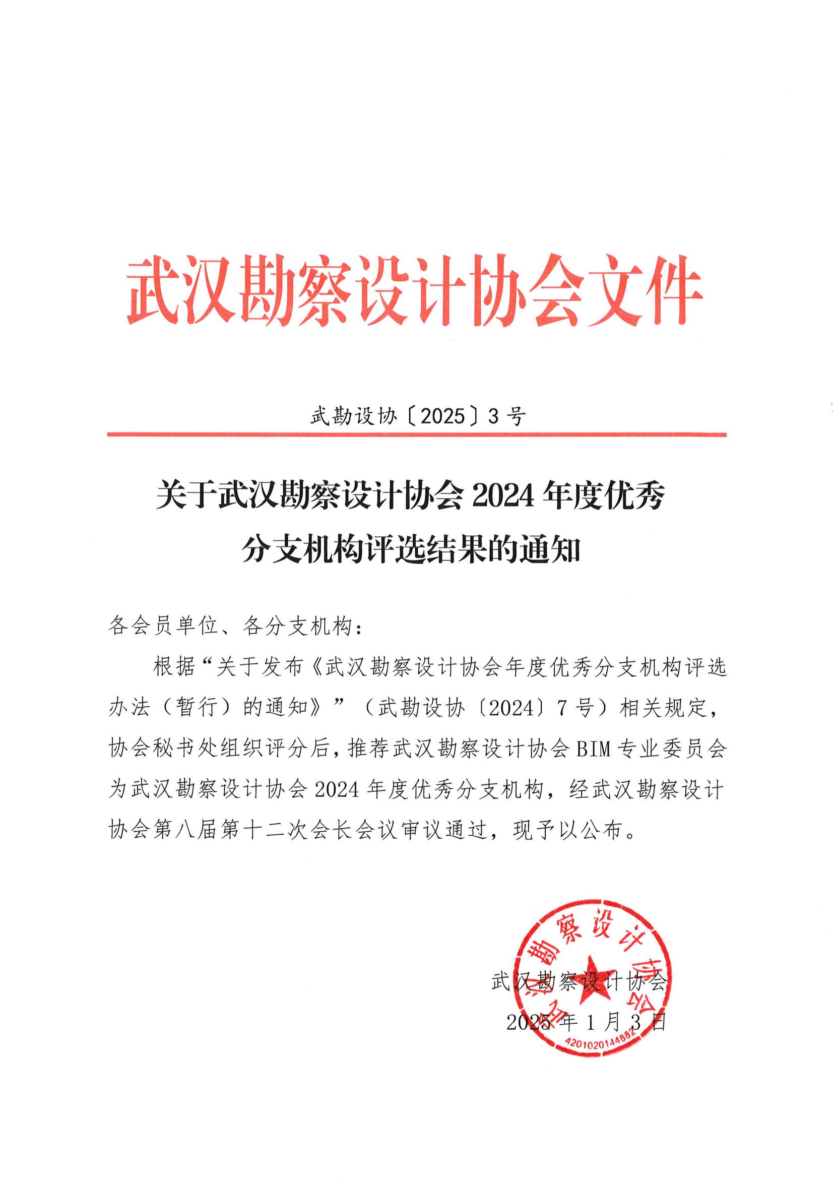 關于武漢勘察設計協會2024年度優秀分支機構評選結果的通知